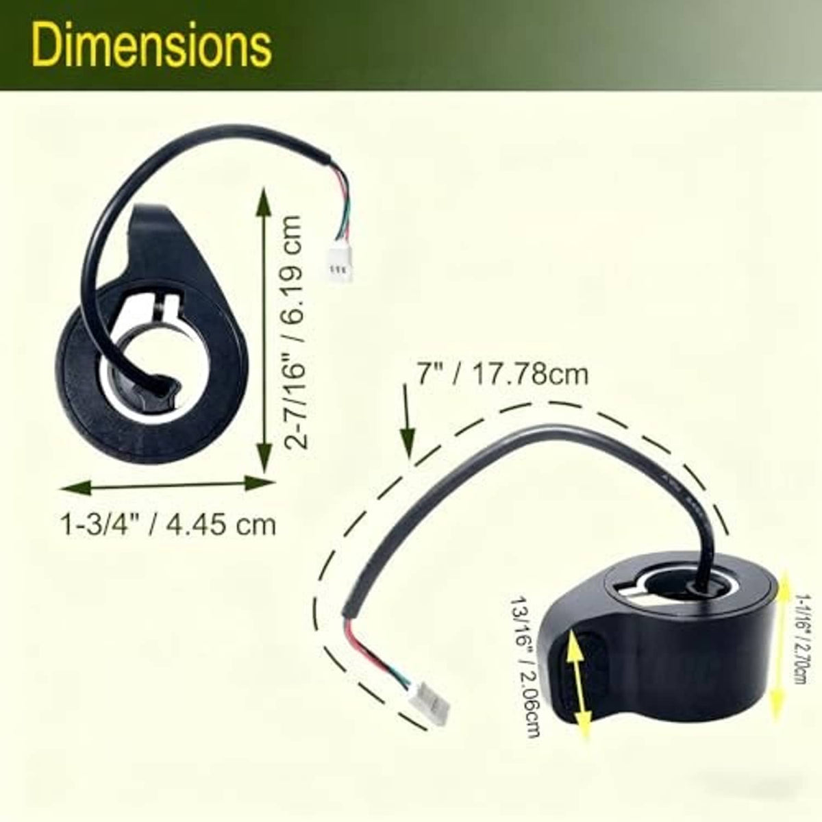 Black thumb throttle replacement with 3-wire cable and dimension arrows graphic
