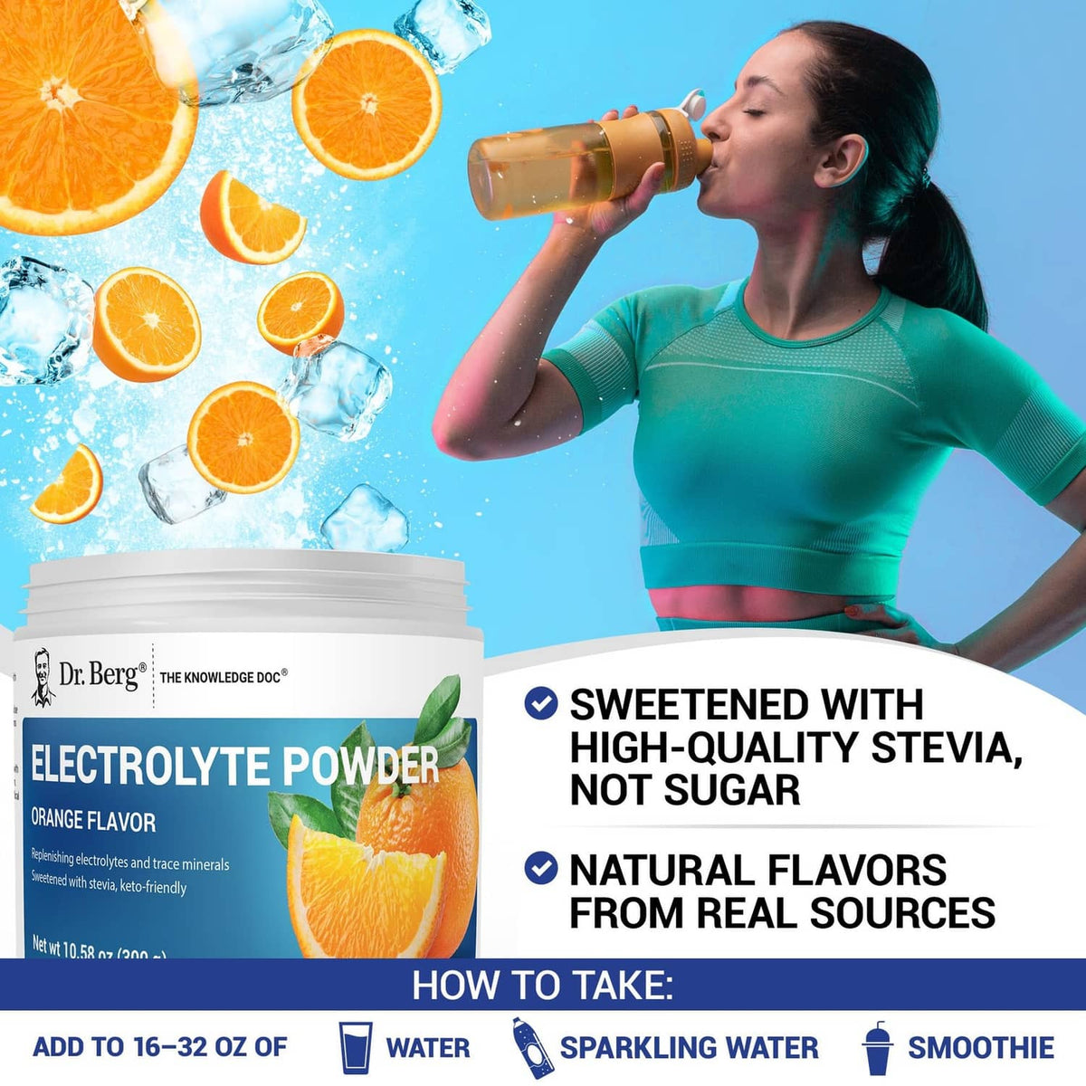 Dr. Berg electrolyte powder container with orange flavor, how-to serving instructions
