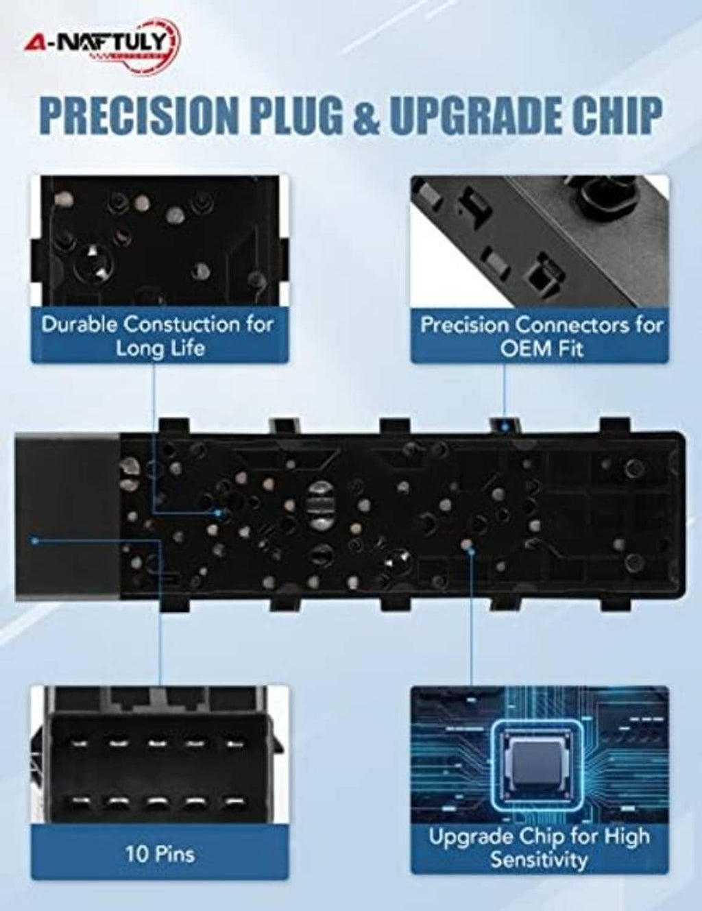 Power seat switch module with precision plug, upgrade chip, and connector pins