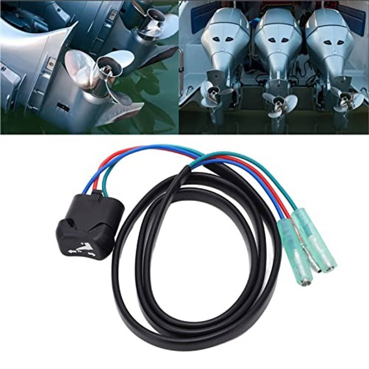 Boat trim tilt switch wiring harness with black connector and turquoise twin terminals