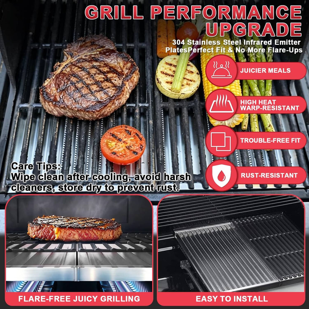 Stainless steel emitter plates with slim grooves and perforated heating channels