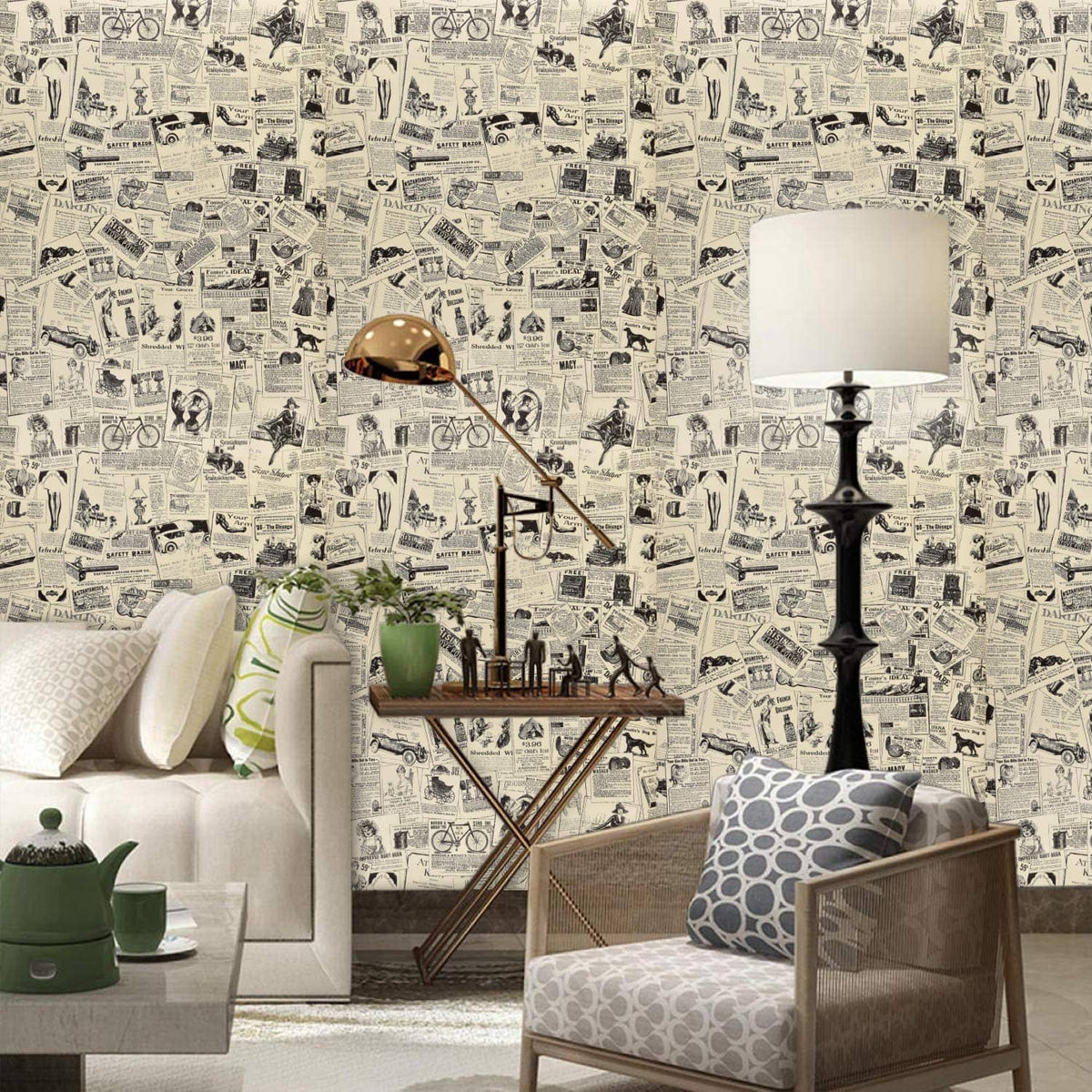Newspaper-pattern contact paper wall behind a living room seating area and side table