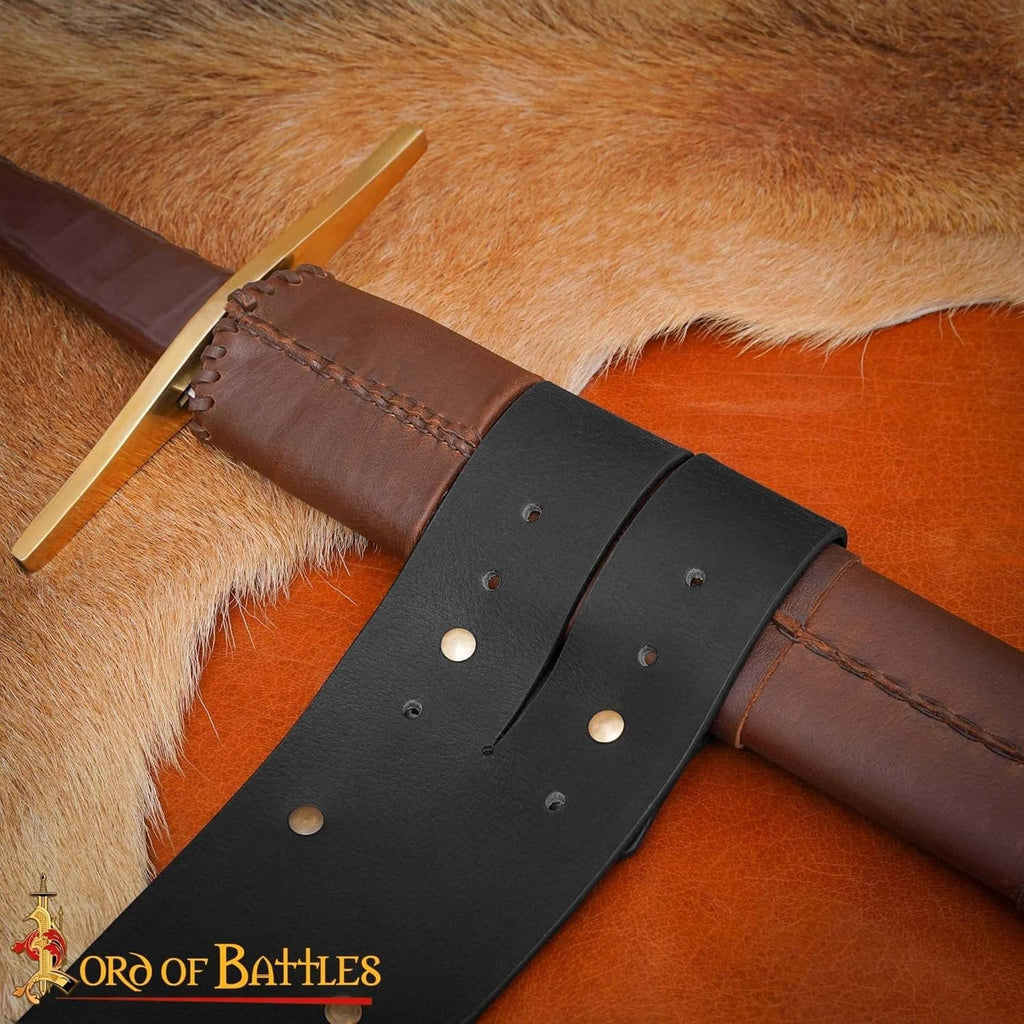 Black leather and brown harness strap with rivets and stitched panels for sword baldric