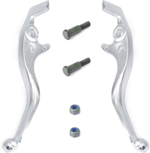 Pair of silver bicycle lever handbrakes with mounting bolts and nuts