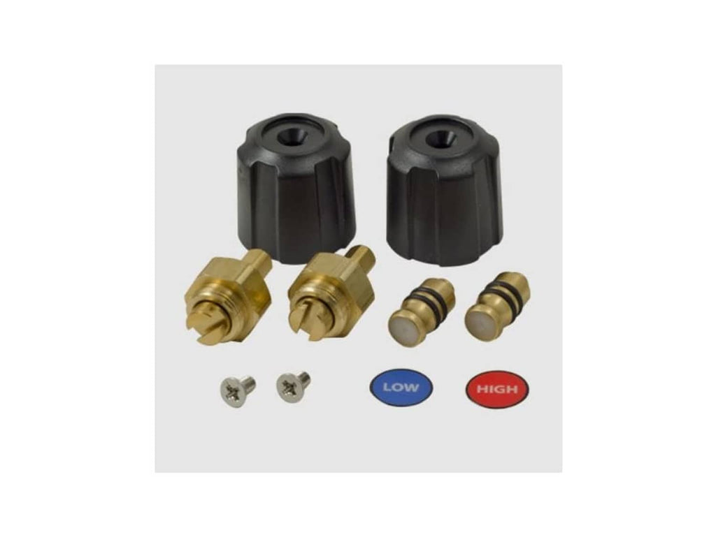 Valve and knob kit with two black knob caps, brass fittings, screws, and blue/red low-high buttons