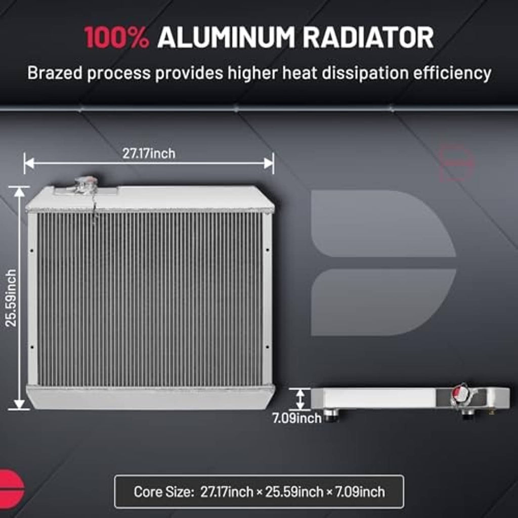 Front 3-row aluminum radiator with cap and side mounting brackets, silver frame