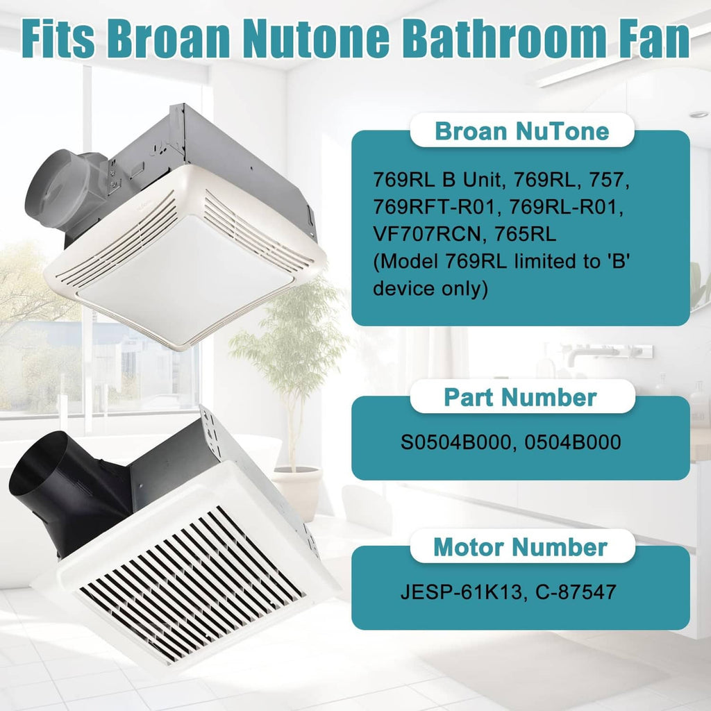 Bathroom fan motor assembly with square metal housing and white circular fan wheel