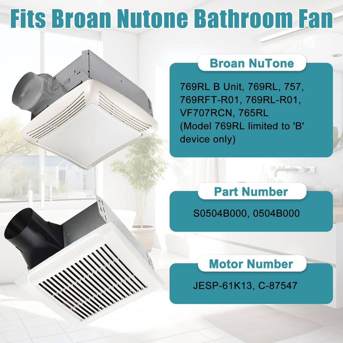 Bathroom fan motor assembly with square metal housing and white circular fan wheel