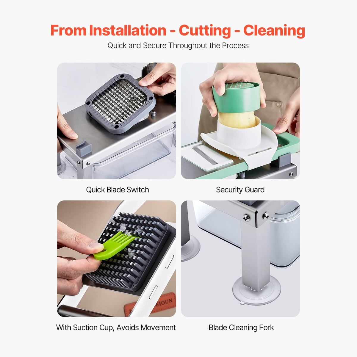 Vegetable chopper with quick blade switch, security guard, and blade cleaning fork