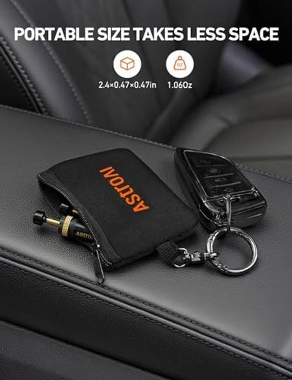 ASTROL portable tire deflator tool in black storage pouch with keyring