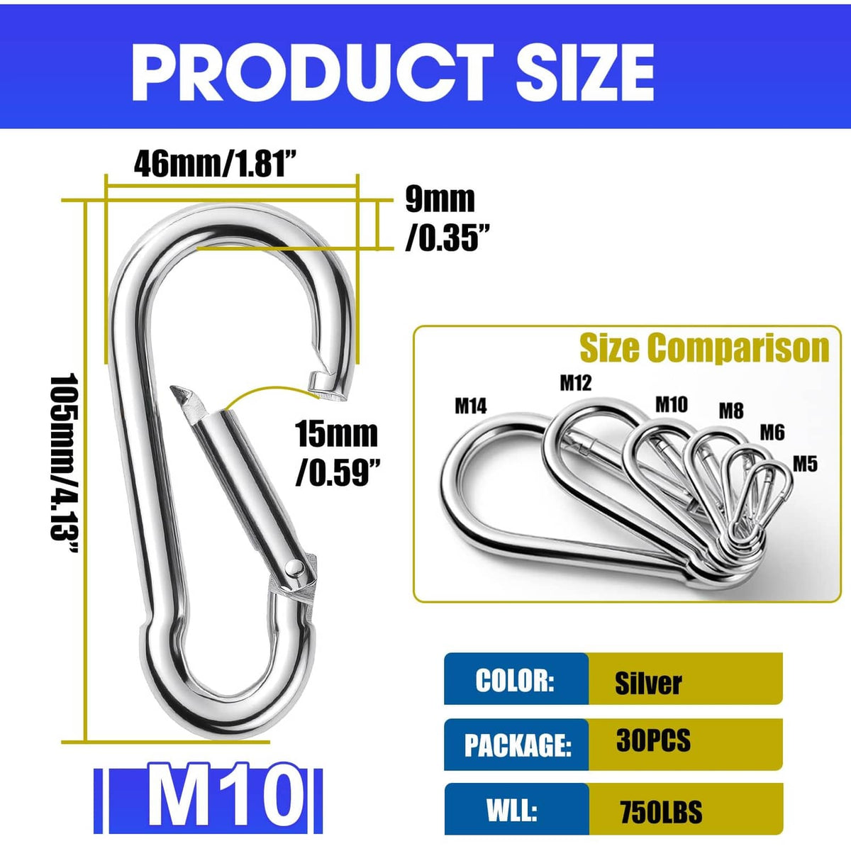 Silver spring snap hook carabiner with looped gate for secure attachment