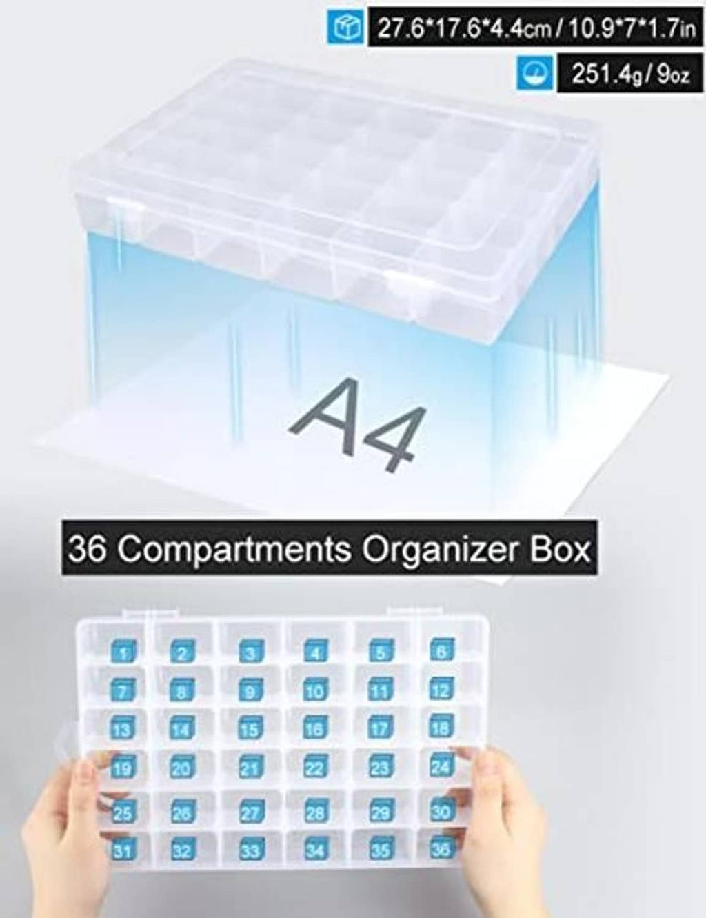 36-compartment clear plastic organizer box with lid, diagram shows compartment layout and dimensions