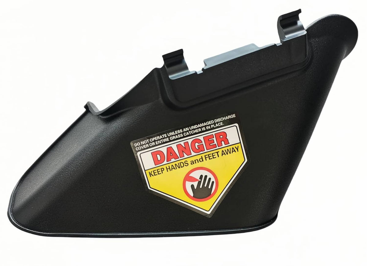 Black side discharge chute with Danger label and front mounting bracket