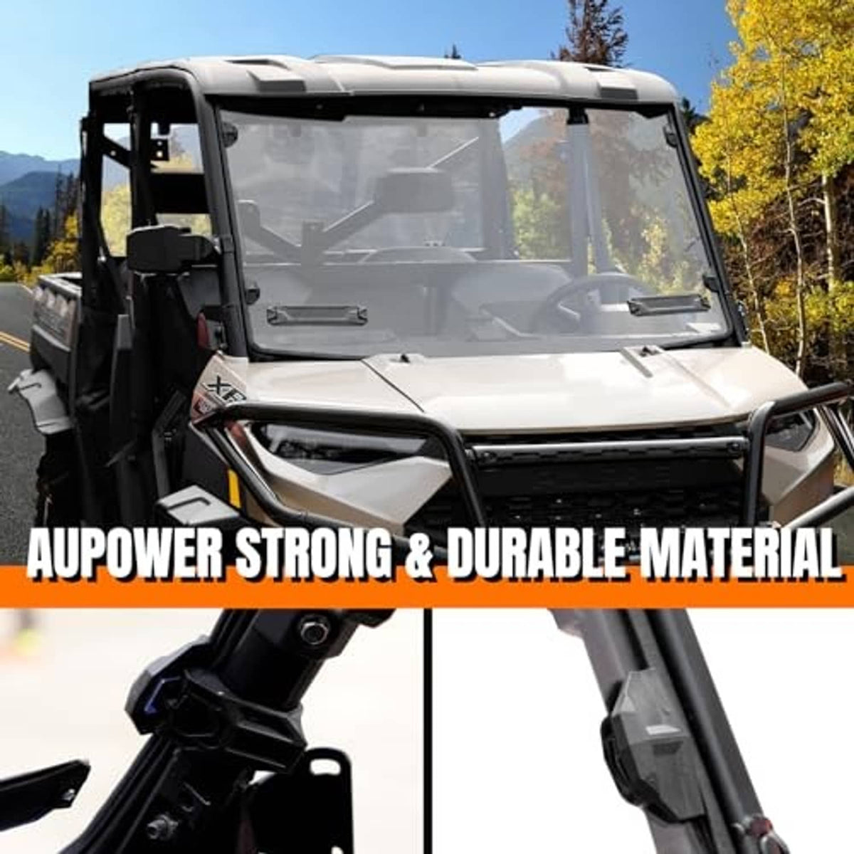 AUPOWER vented windshield on white side-by-side, full front clear view panel