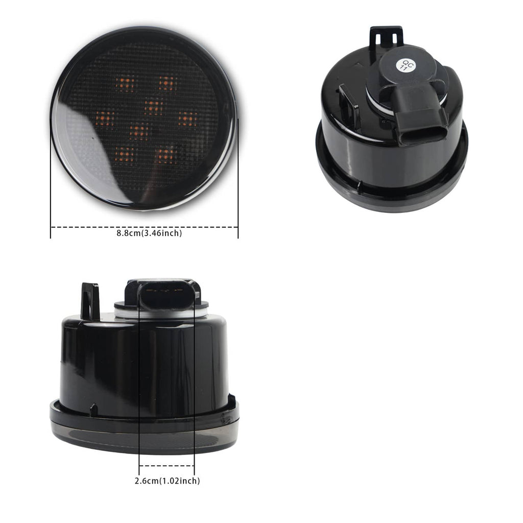 Round LED tail light with dark lens surface and black mounting base with wires