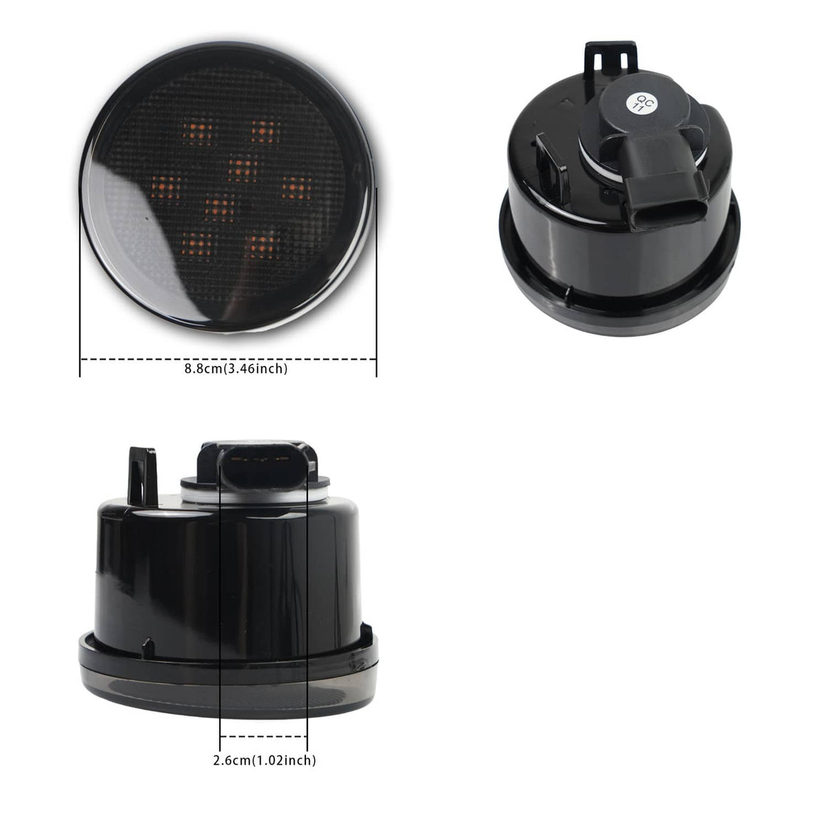 Round LED tail light with dark lens surface and black mounting base with wires
