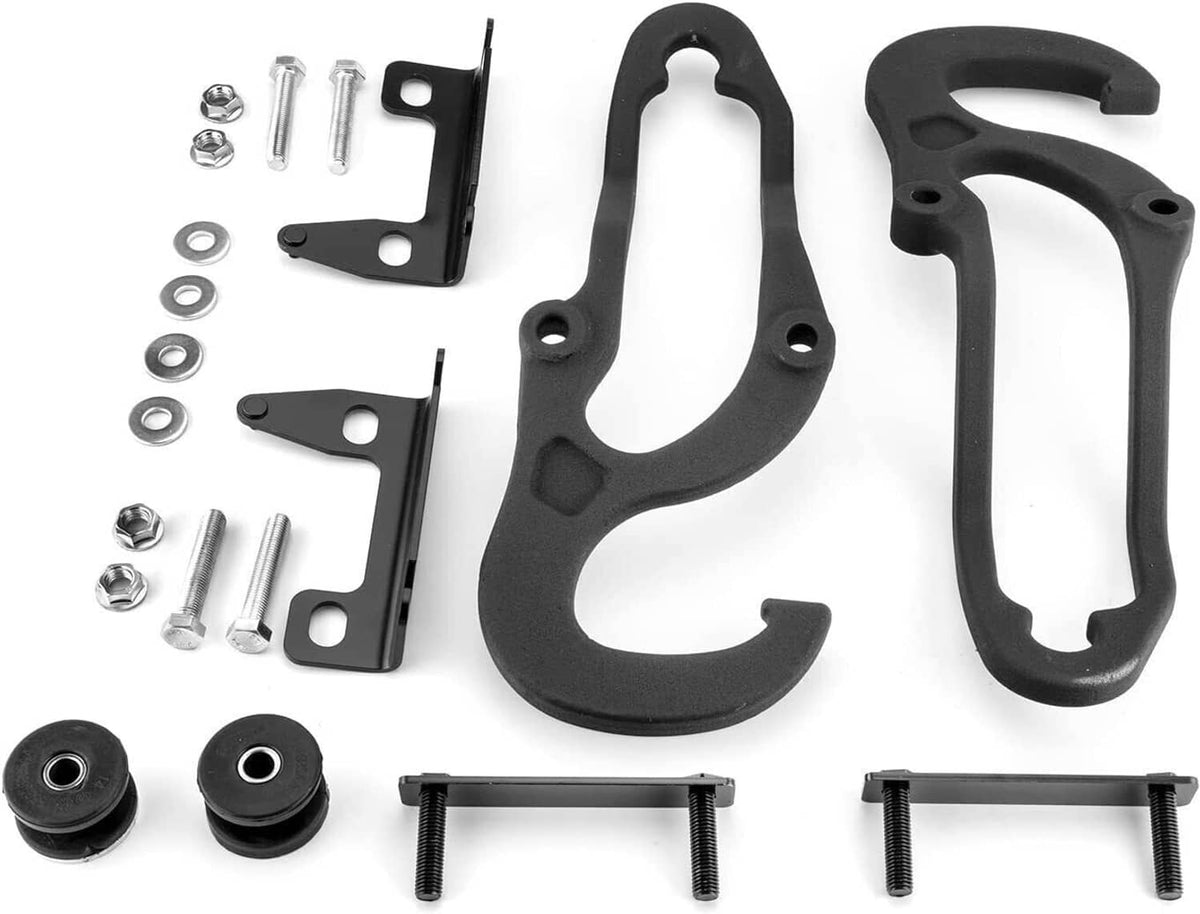 Black metal tow hook bracket components with mounting plates, bolts, and bushings