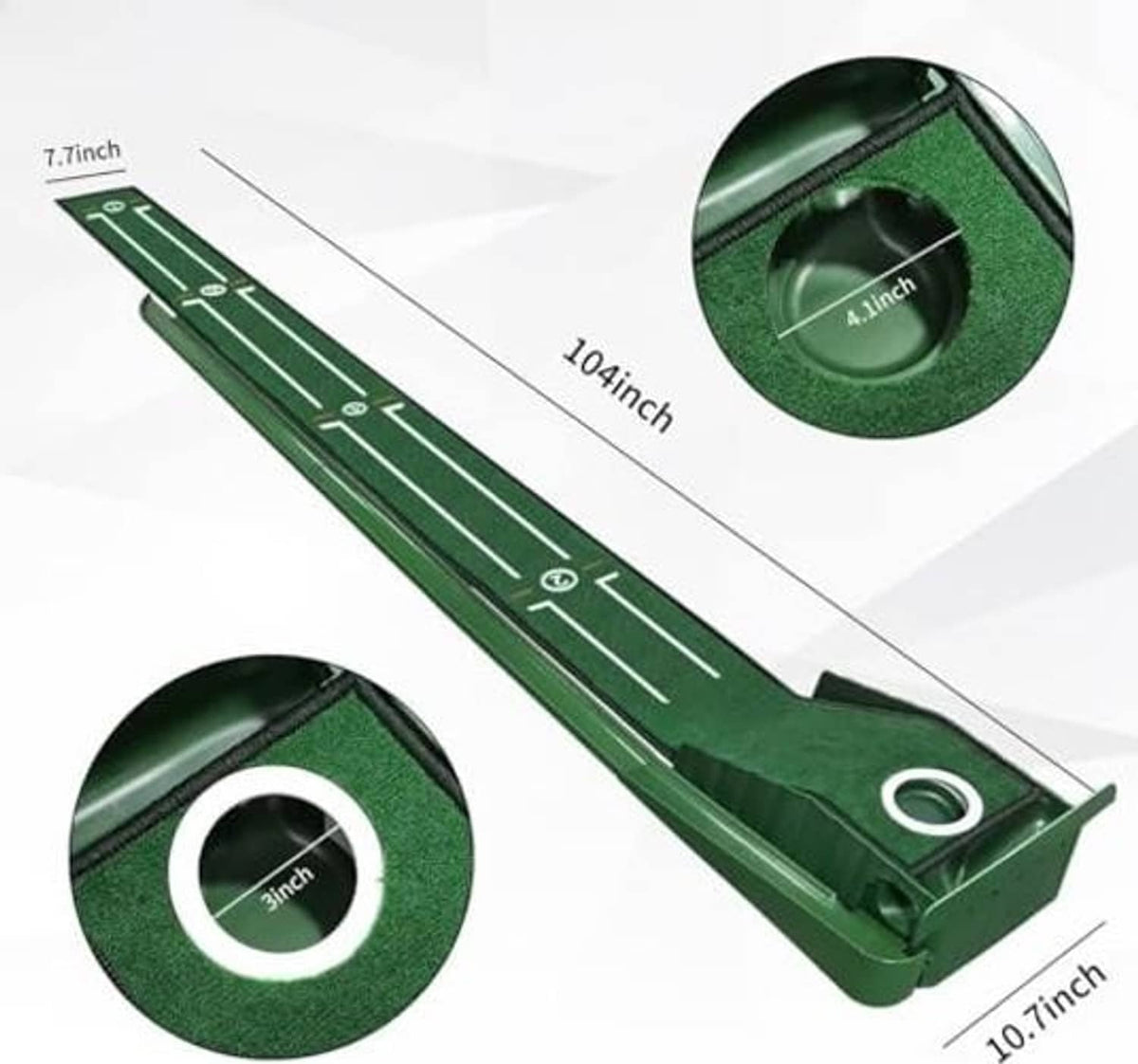 Green putting mat end with circular ball return opening and alignment track, close-up