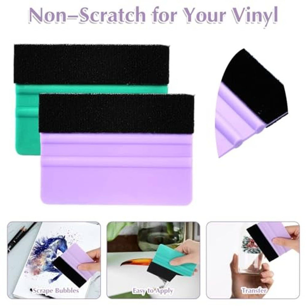Set of two vinyl felt squeegees, purple and teal plastic with black felt pads