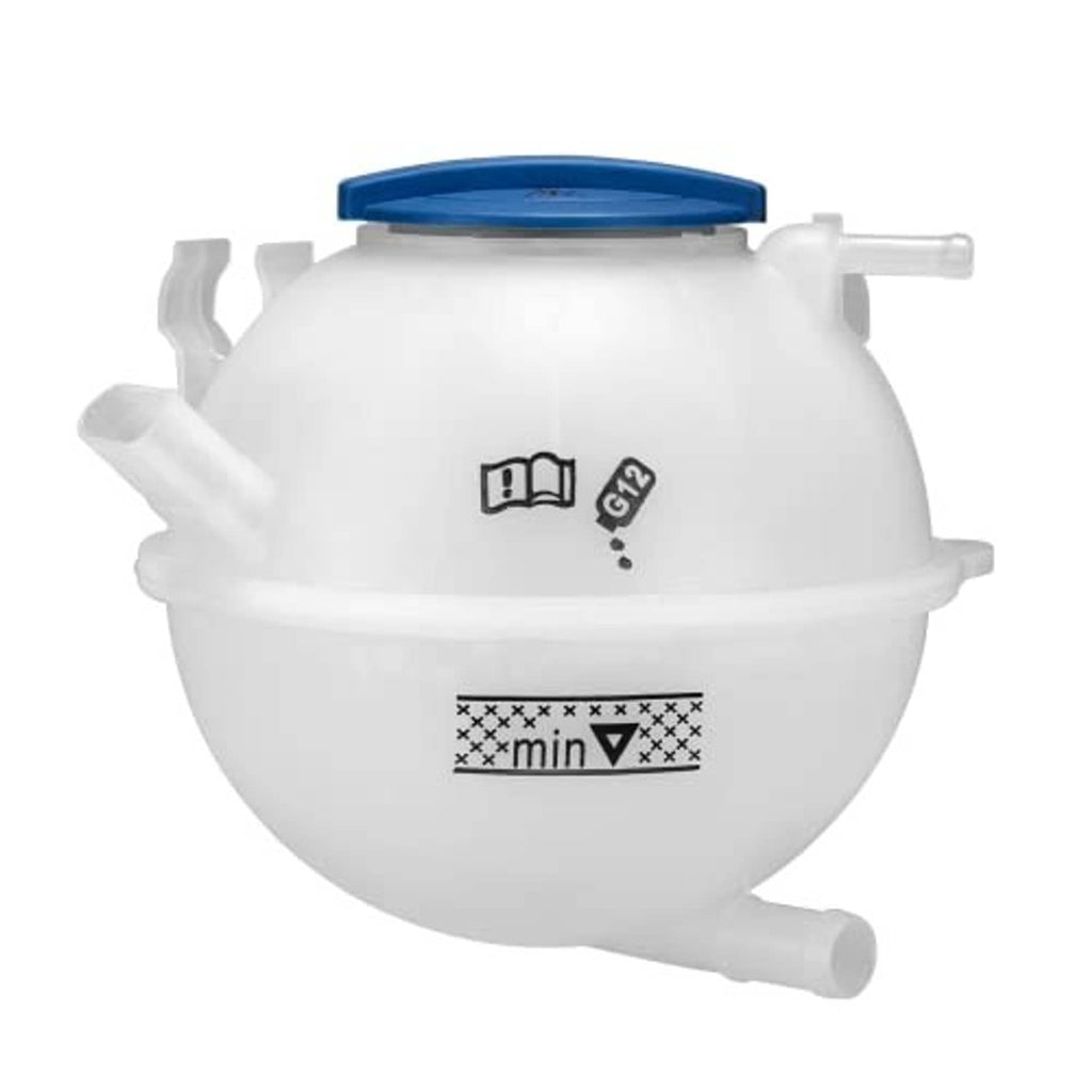 White engine coolant expansion reservoir tank with blue cap and side hose outlet
