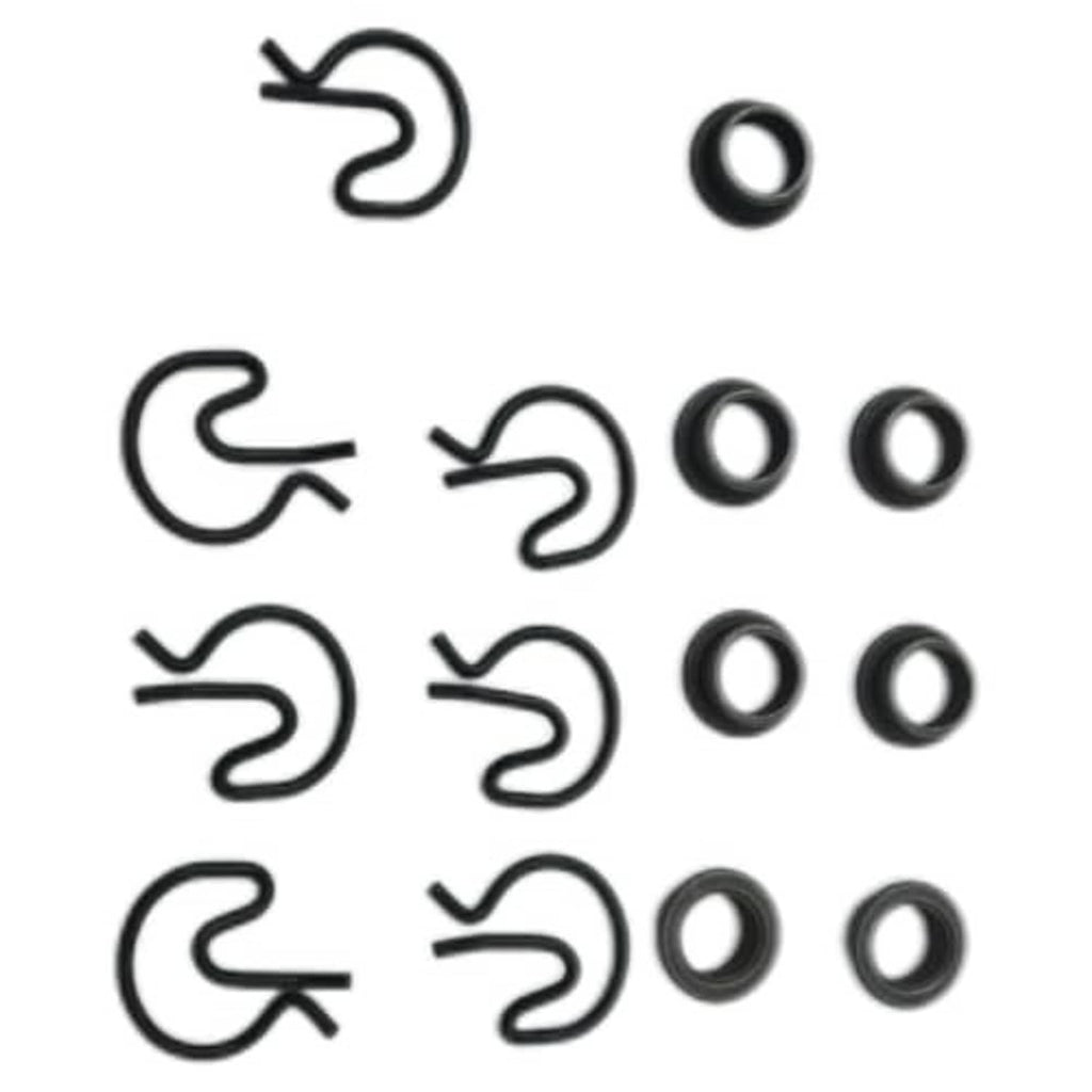 Assorted U-shaped spring clips and dark steel bushing rings for shifter pit pack