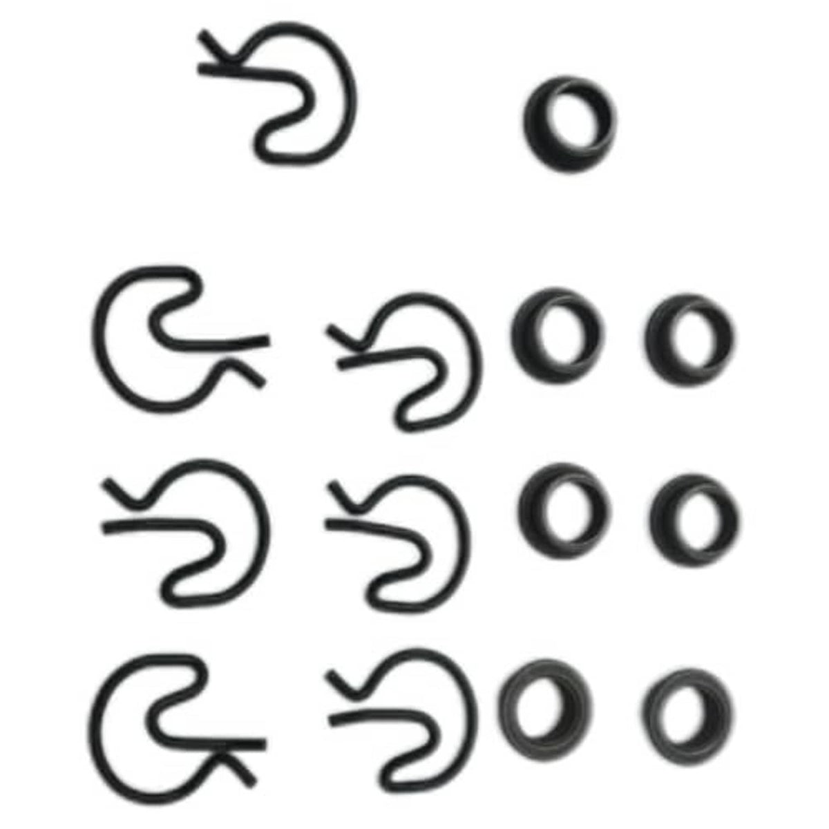 Assorted U-shaped spring clips and dark steel bushing rings for shifter pit pack