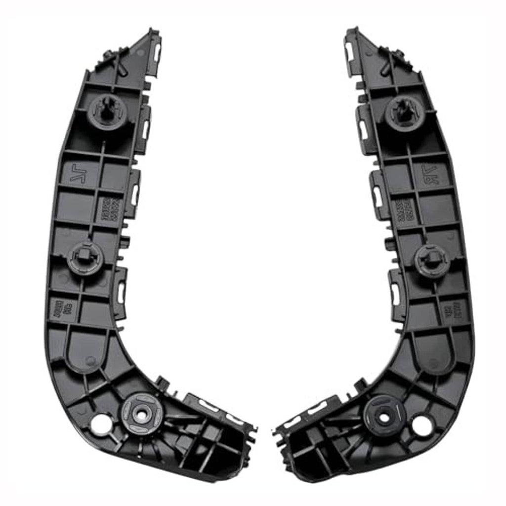 Pair of black plastic front bumper bracket retainers, left and right with mounting tabs
