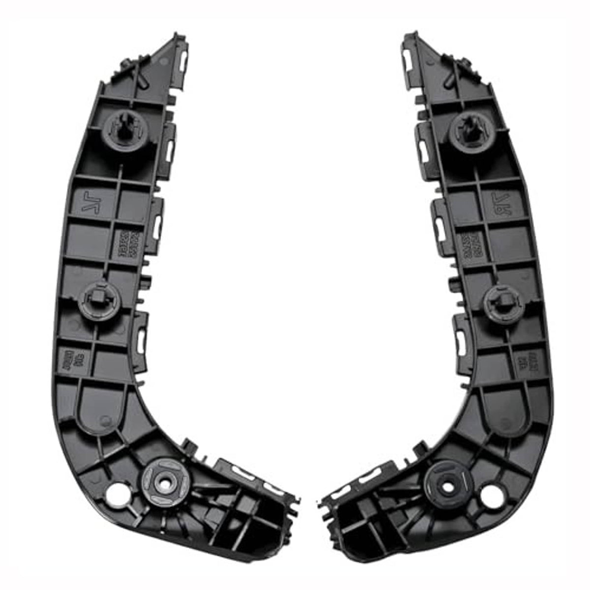 Pair of black plastic front bumper bracket retainers, left and right with mounting tabs