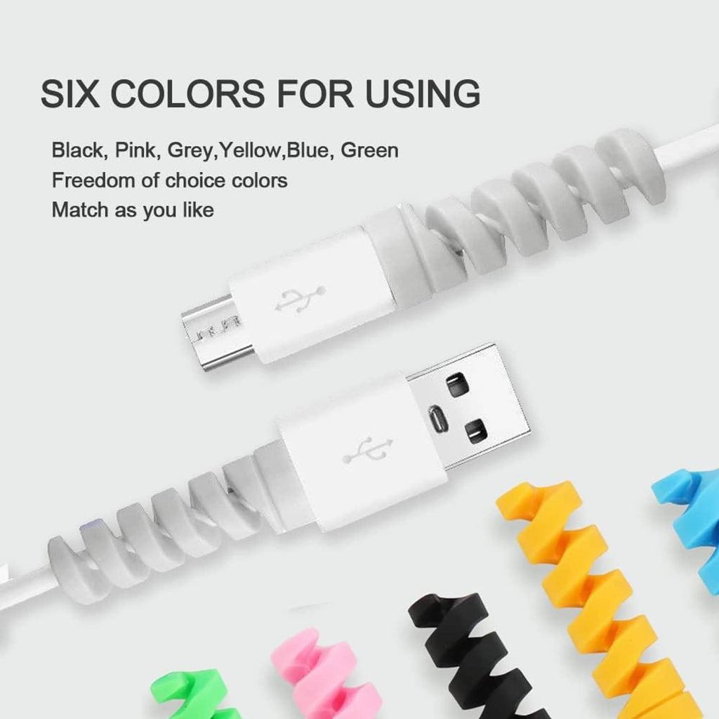USB cable protector set, white sleeves with colored spiral covers in black, pink, grey, yellow
