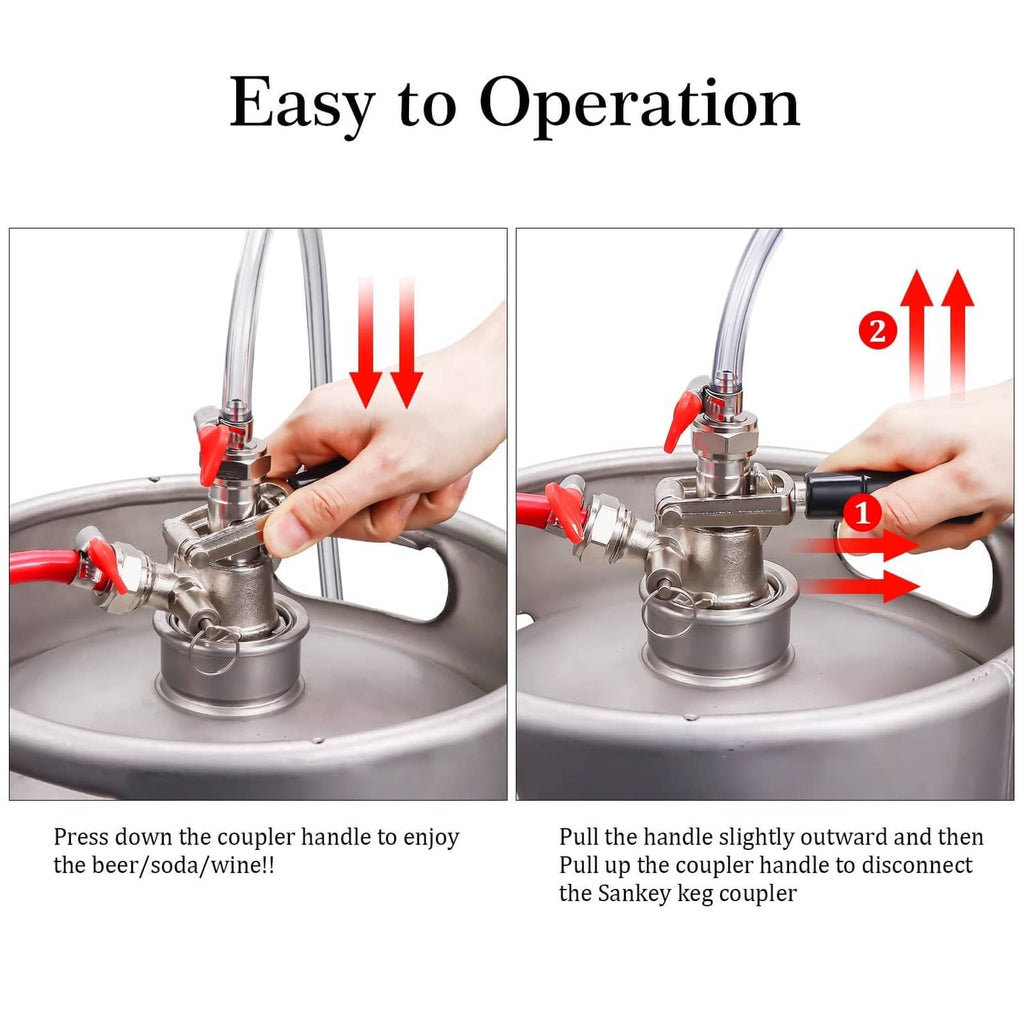 Keg coupler D system mounted on a keg with hand-operated locking handle