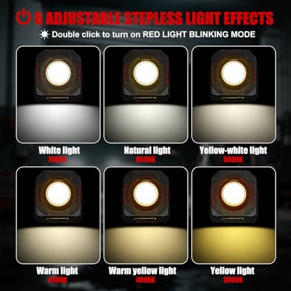 Portable rechargeable work light showing multi-effect lighting panels around the COB LED