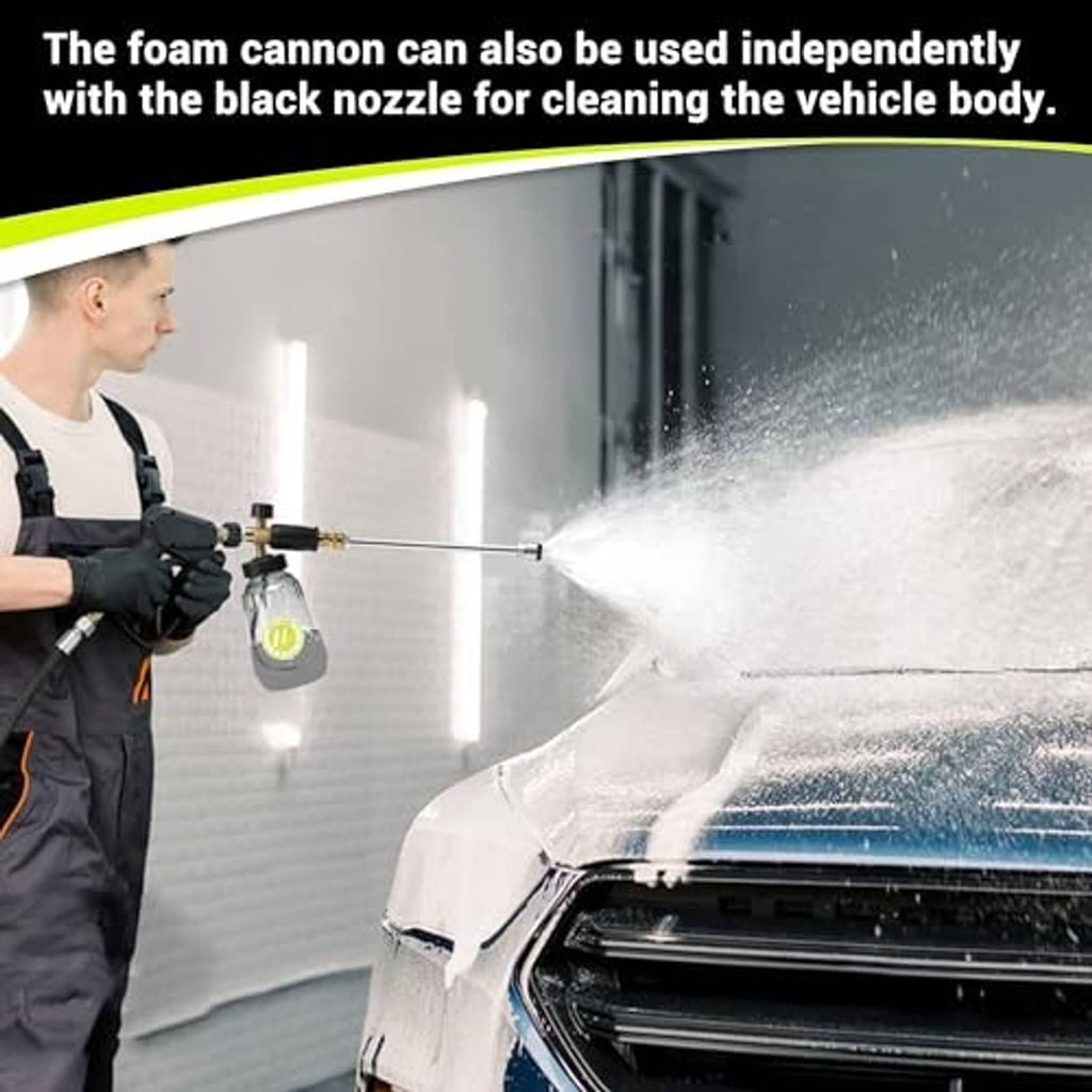 Foam cannon sprayer attachment producing sudsy foam on a vehicle body