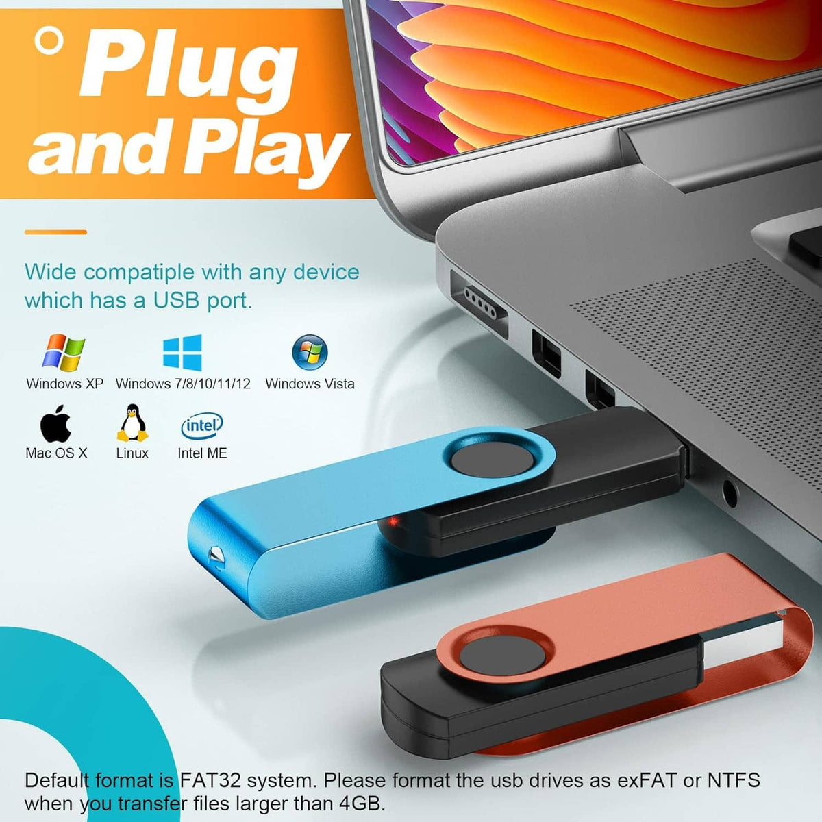 Two USB flash drives, one blue and one black, with lanyard loop and connector end.
