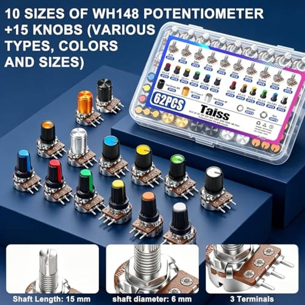 Potentiometer kit featuring multiple metal shaft potentiometers, multicolor knobs, and clear case