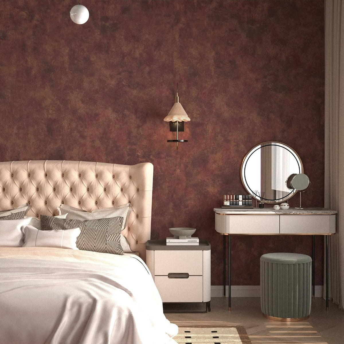 Burgundy metallic textured peel-and-stick wallpaper behind a tufted headboard and vanity