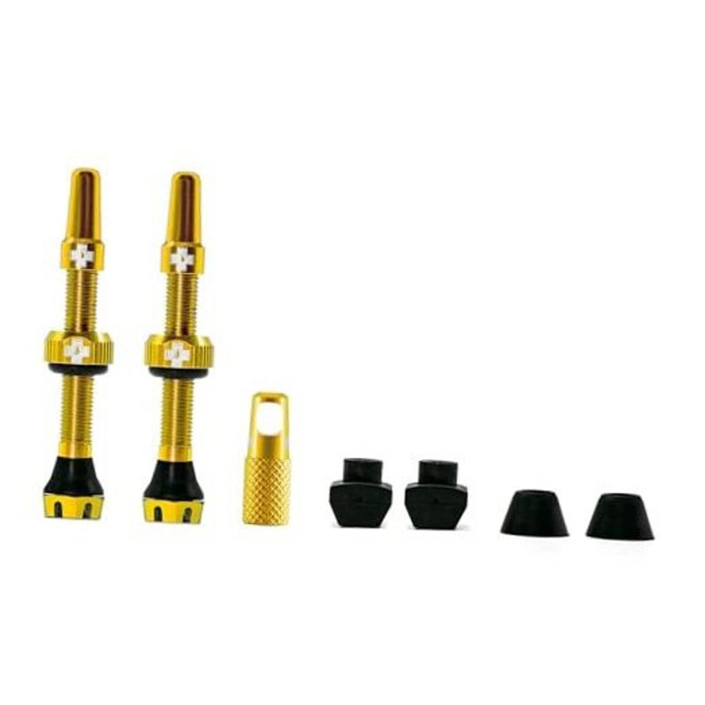 Gold Presta tubeless valves set with black bases and caps, includes two long stems