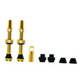 Gold Presta tubeless valves set with black bases and caps, includes two long stems