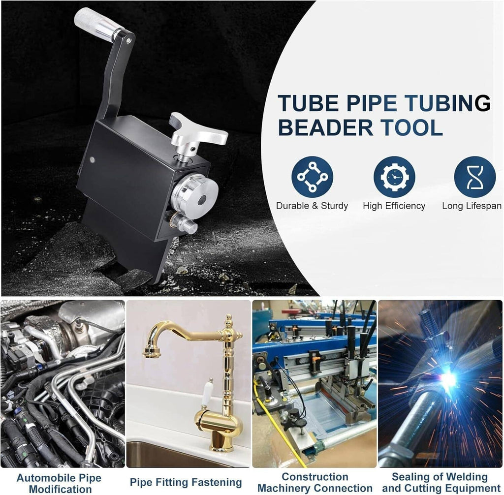 Tube pipe tubing beader tool with black base and roller wheel for pipe flaring