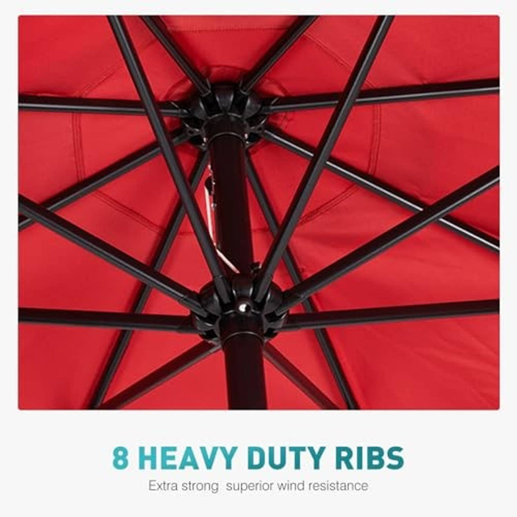 Dark red umbrella canopy with black rib frame and center pole hub