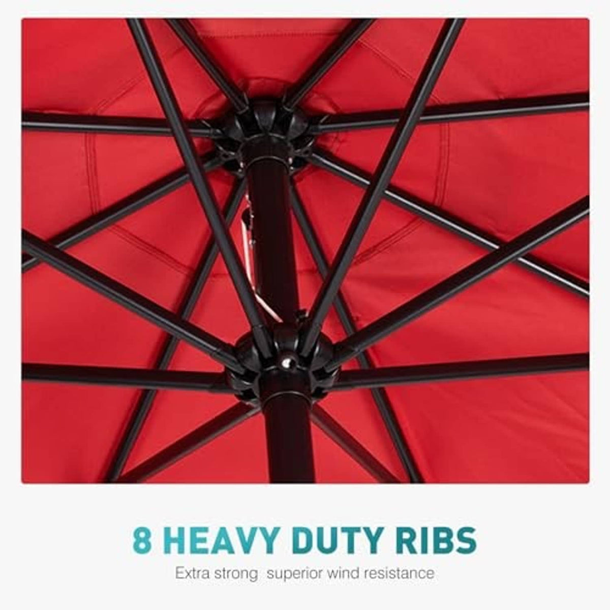 Dark red umbrella canopy with black rib frame and center pole hub