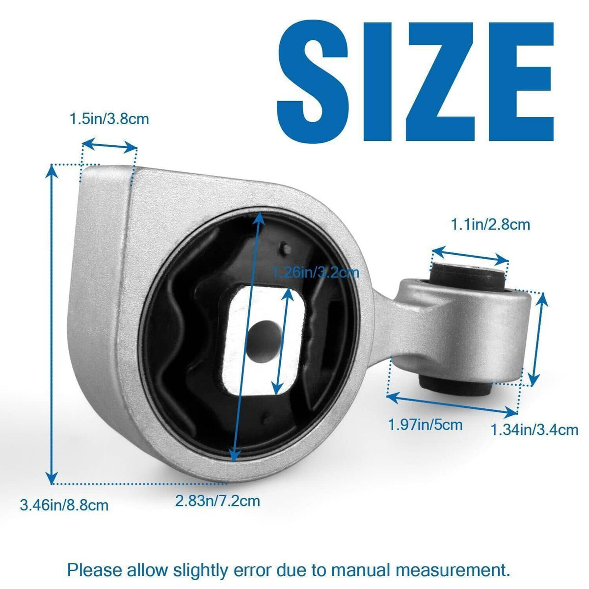 Front torque strut mount with black rubber bushing; size diagram overlay