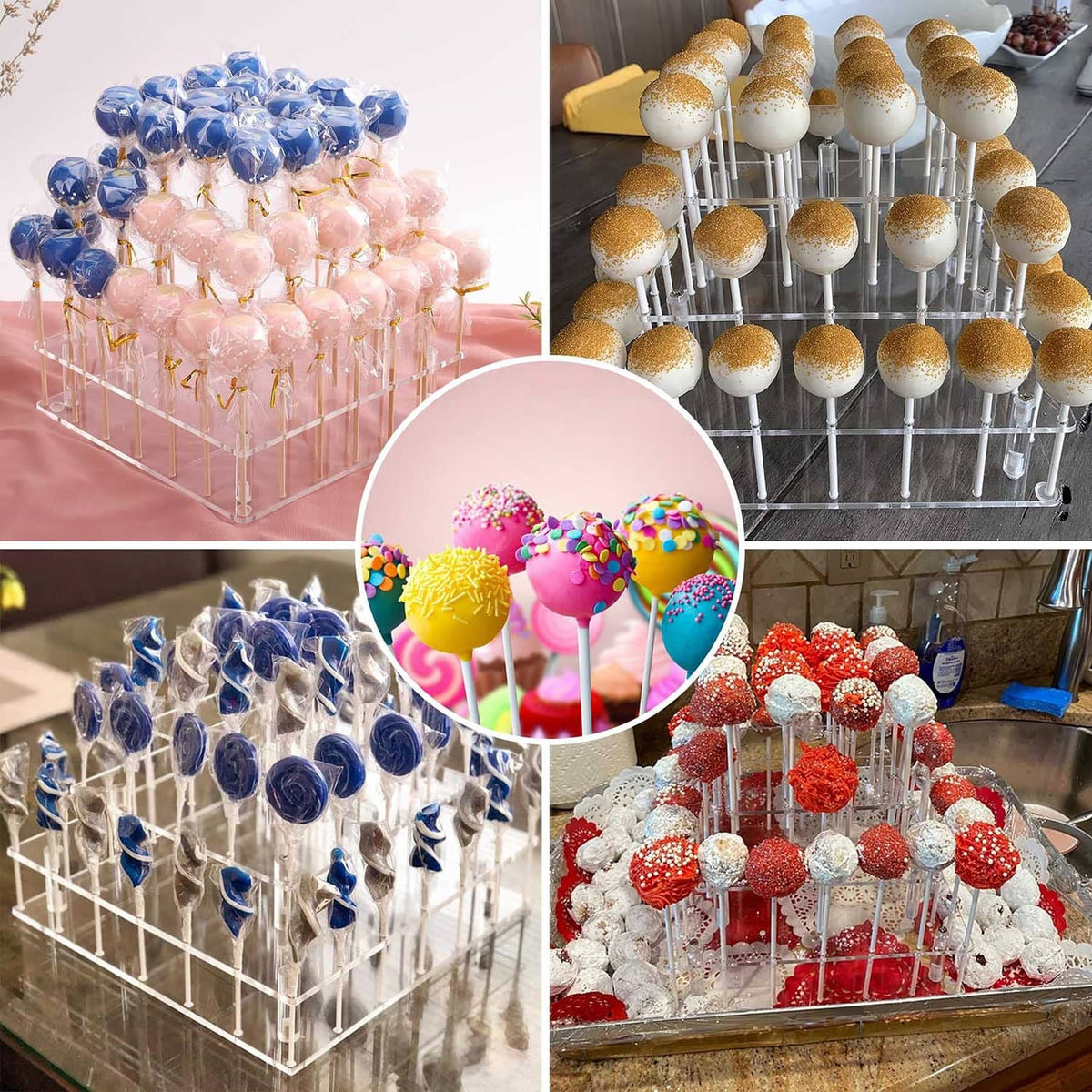 Clear three-tier cake pop stand with golden cake pops in individual holders