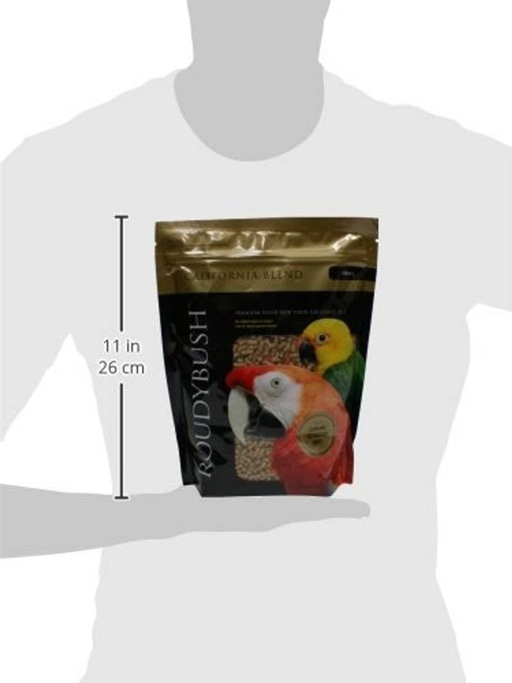 Roudybush California Blend bird food pouch shown with 11 in size scale