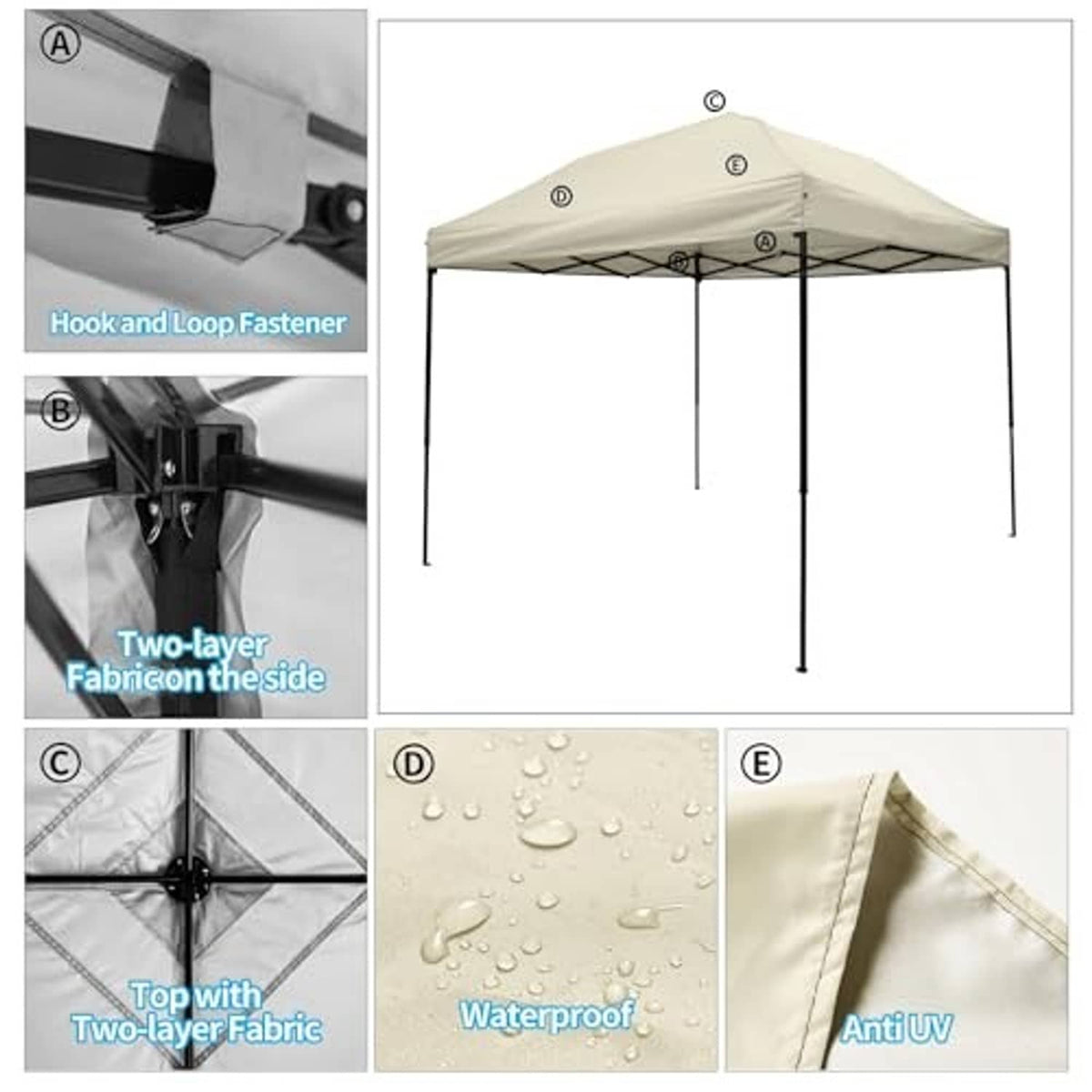 Beige canopy replacement top fabric close-up features: hook-and-loop and waterproofing