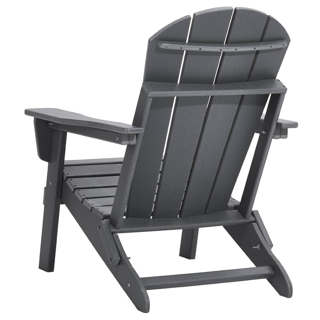 Gray folding Adirondack chair side view with wide armrests and tall slatted back