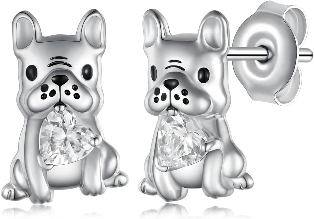 925 sterling silver French bulldog stud earrings with clear crystal heart charm