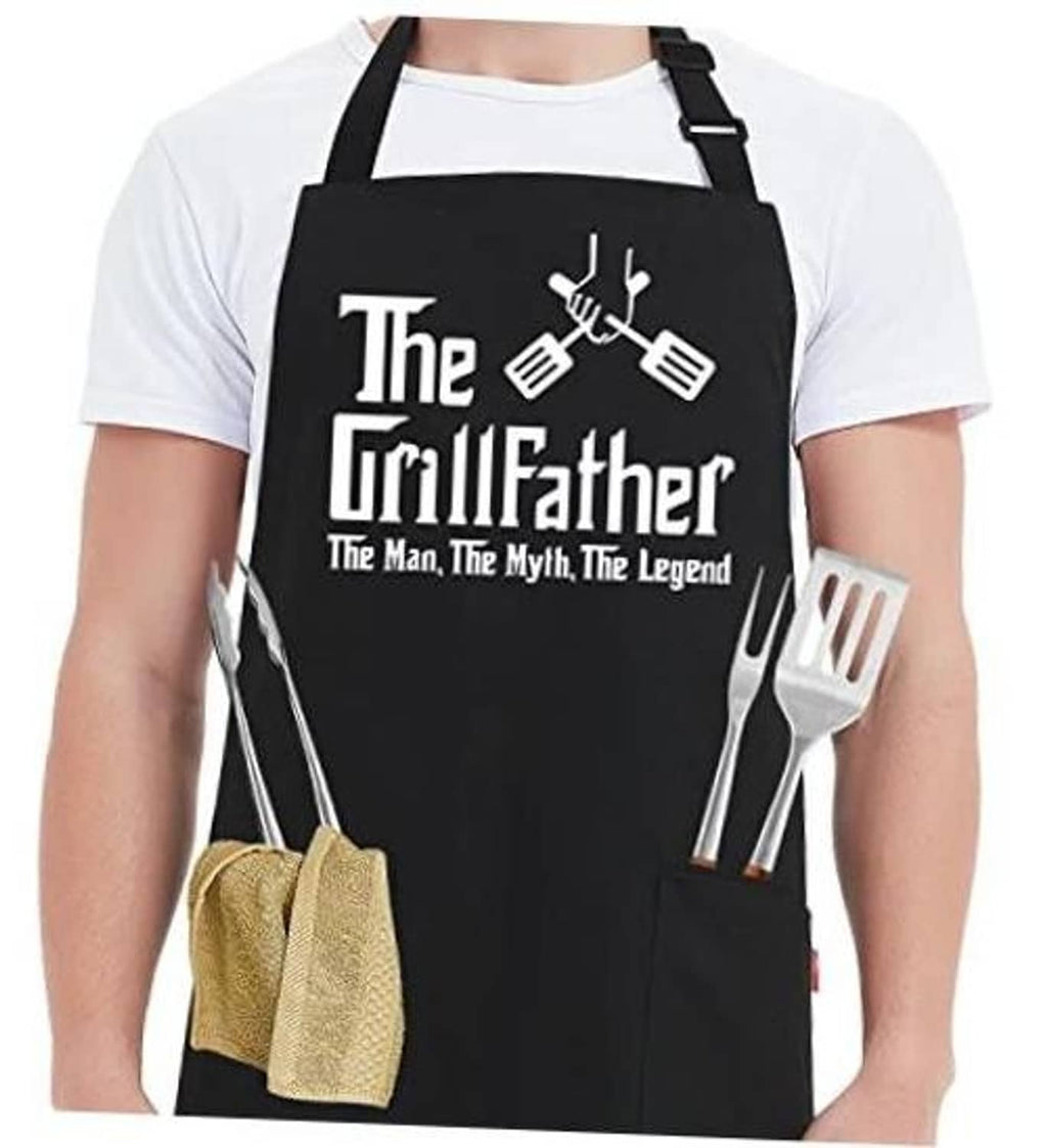 Black bib grill apron with “The Grillfather” graphic and grilling utensil icons