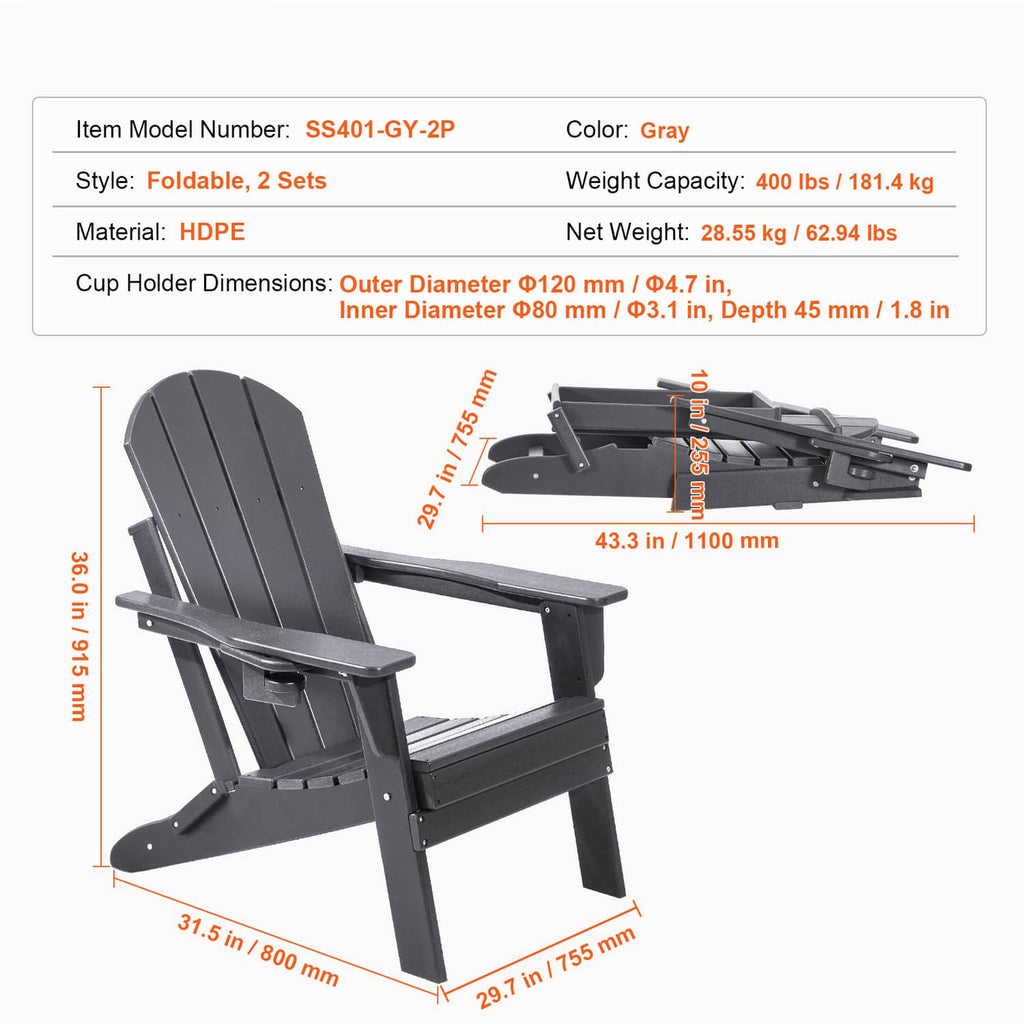 Gray folding adirondack chair with slatted seat and back, cup-holder arm support