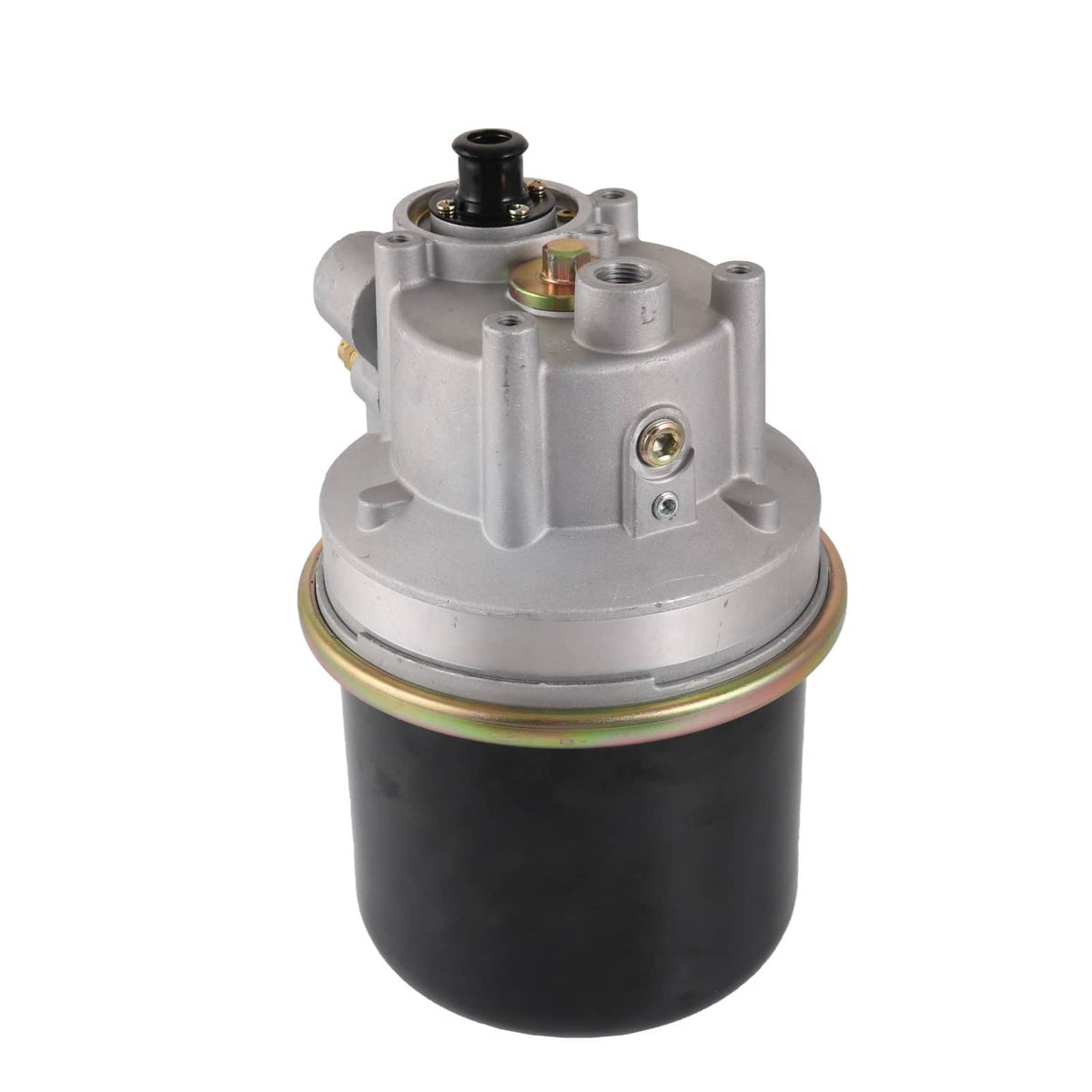 Air dryer assembly with black reservoir base and silver top housing with connectors