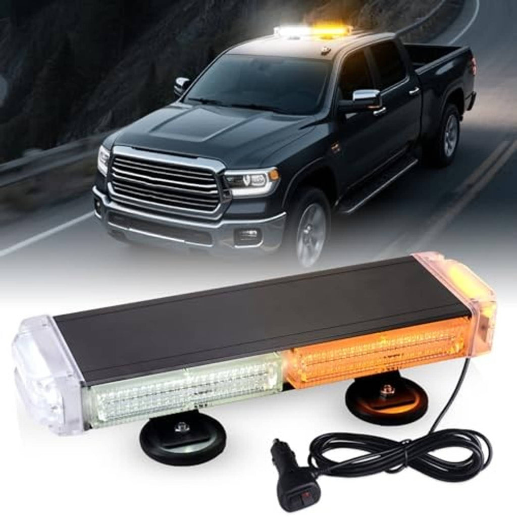 Amber and white LED strobe light bar, clear end caps, two black base mounts and cable